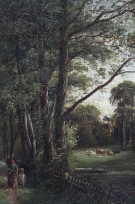 Lot 489 - Attributed to Robert Burrows (1810-1883), oil on canvas, a woodland scene with a figure on a path, cattle grazing beyond, in original gilt frame, 37 x 32cm