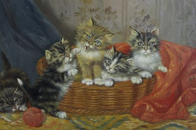 Lot 511 - Mid 19th century Continental School, oil on canvas, an interior scene with five kittens in basket, indistinctly signed, in gilt frame, 30 x 40cm