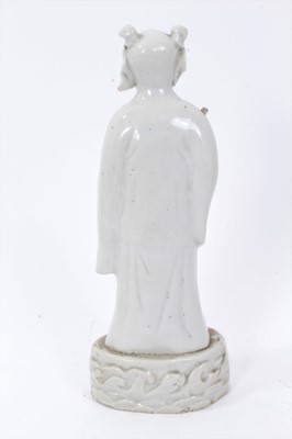 Lot 42 - Good pair of antique Chinese Qing period blanc de chine figures, the female figure carrying a fly whisk, the male figure carrying a piece of fruit, both standing on bases with stylised waves, 21.5c...