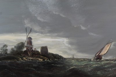 Lot 509 - Late 19th century Dutch School, oil on panel, a coastal scene with a windmill and sailing vessels in a blow, in gilt frame, 25 x 38cm