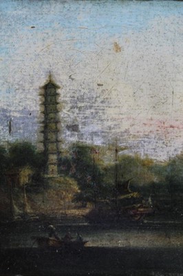 Lot 488 - Attributed to George Chinnery (1774-1852), oil on canvas, a coastal scene with fishermen and a junk in the foreground, a tall pagoda beyond, in gilt frame, 14.5 x 11.5cm