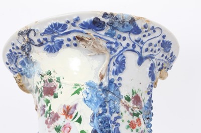 Lot 44 - Pair antique Chinese Qianlong period famille rose sleeve vases, painted with flowers, birds and insects, with relief moulded vine and squirrel decoration, 25.5cm height