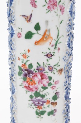 Lot 44 - Pair antique Chinese Qianlong period famille rose sleeve vases, painted with flowers, birds and insects, with relief moulded vine and squirrel decoration, 25.5cm height