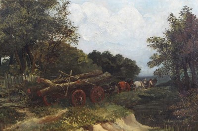 Lot 473 - Attributed to Harden Sidney Melville (1824-1894), oil on canvas, a team of horses pulling a timber wagon on a track by a stream, in gilt frame, 30 x 43cm