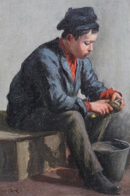 Lot 476 - Joseph Dixon Clark (1849-1944), oil on board, a boy peeling potatoes into a bucket, signed, in gilt frame, 29 x 20cm