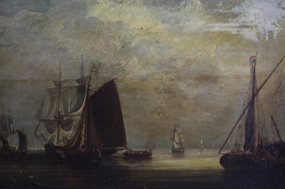 Lot 506 - 18th century English School, oil on board, a coastal scene with various shipping, in original frame, 29 x 39cm