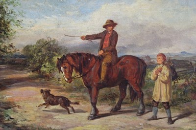 Lot 469 - 19th century English School, oil on board, a peasant on a chestnut horse asking directions on a country road, 15 x 20cm