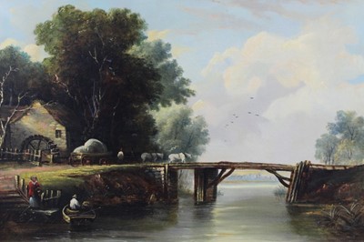 Lot 507 - 19th century English School, oil on canvas, a river landscape with a hay cart crossing a wooden bridge, 41 x 62cm