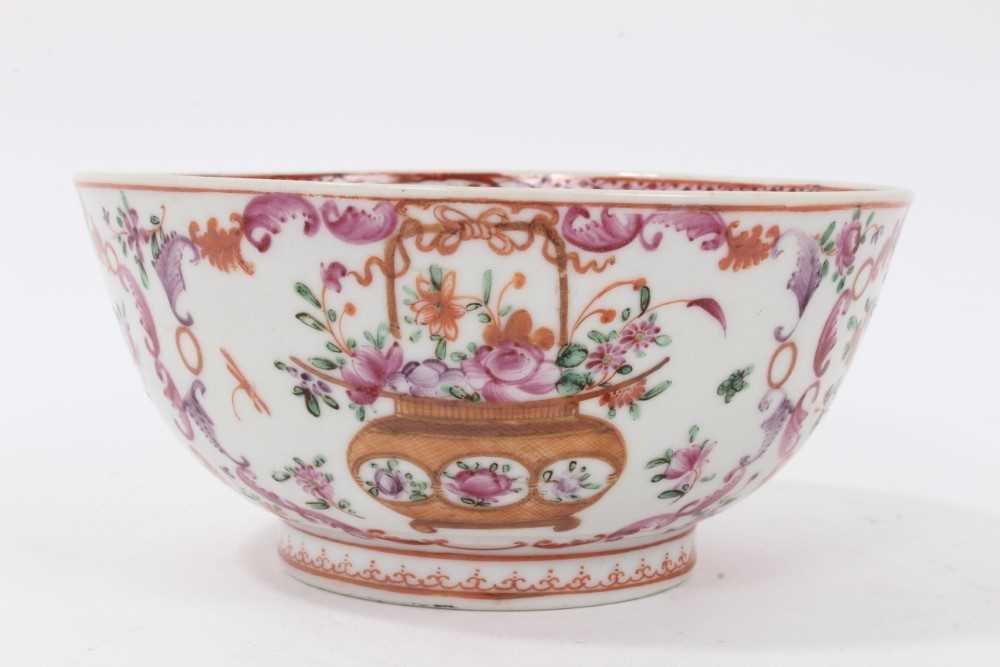 Lot 53 - Antique 18th century Chinese famille rose export porcelain bowl, well decorated with baskets of flowers, floral sprays and foliate patterns, 13.5cm diameter