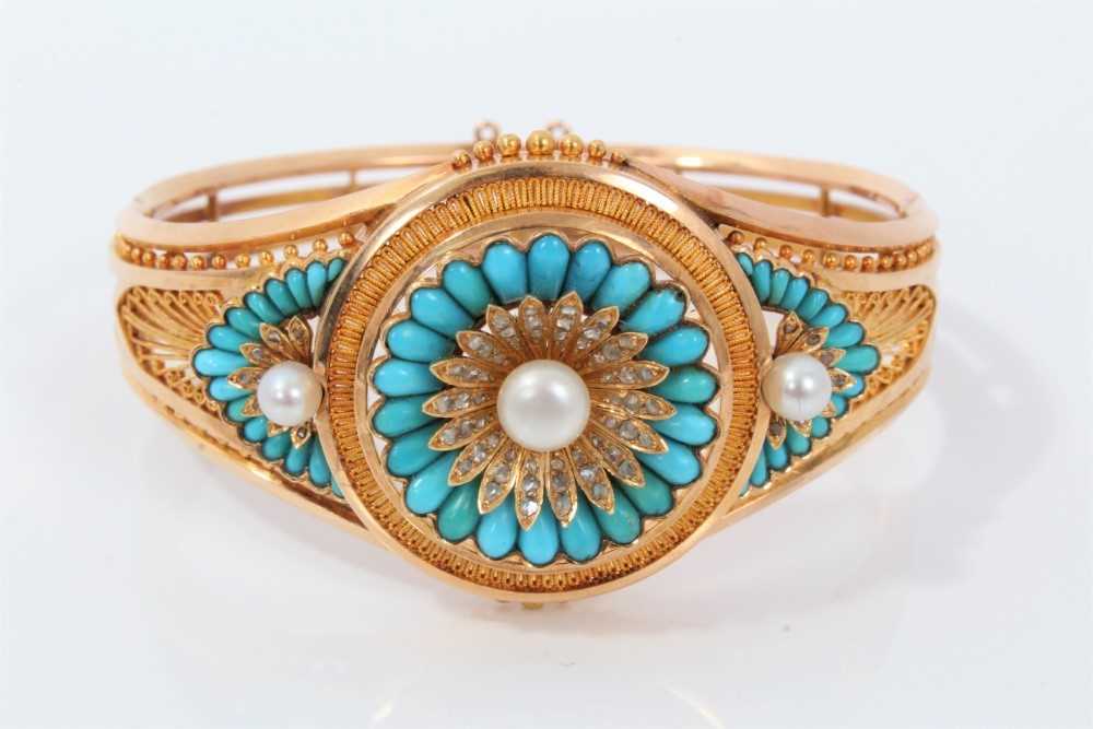 Lot 340 - Fine quality 19th century French Etruscan revival gold turquoise, diamond and pearl hinged bangle, the central rosette with a pearl surrounded by rose cut diamonds to the petals and carved turquois...