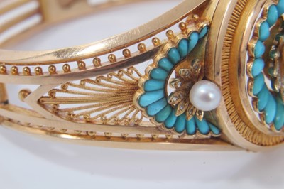 Lot 340 - Fine quality 19th century French Etruscan revival gold turquoise, diamond and pearl hinged bangle, the central rosette with a pearl surrounded by rose cut diamonds to the petals and carved turquois...