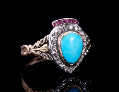 Lot 343 - Antique turquoise, diamond and ruby heart shape cluster ring with a pear shape turquoise cabochon surrounded by a border of rose cut diamonds surmounted by rubies, in silver collet setting, gold cl...