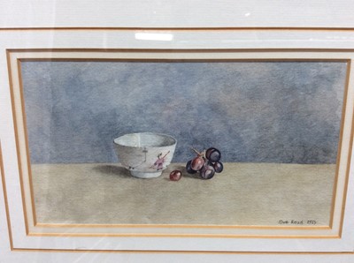 Lot 81 - Sue Read R.I. pair of watercolours - Still life of tea cups, pansies and grapes