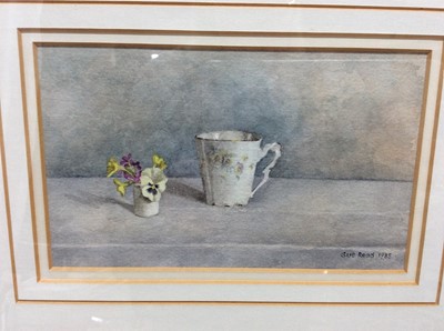Lot 81 - Sue Read R.I. pair of watercolours - Still life of tea cups, pansies and grapes