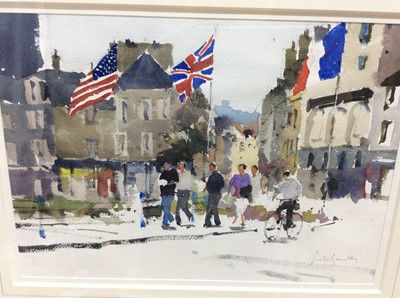 Lot 86 - John Yardley (b. 1933) watercolour - D-Day flags, Cherbourg