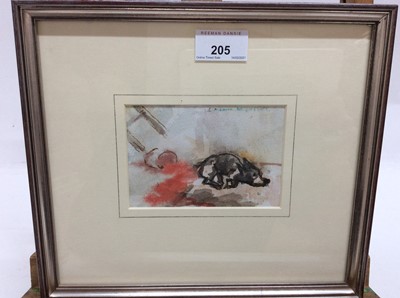 Lot 205 - Roland Batchelor watercolour - Dog exit at speed