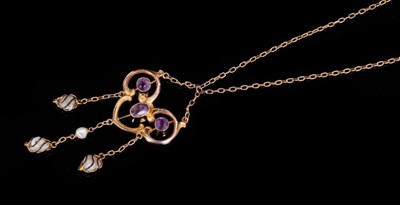 Lot 355 - Edwardian Art Nouveau gold amethyst and pearl pendant necklace with three oval cut amethysts within a trefoil heart shape plaque suspending three freshwater pearls, on original trace chain. Maker's...