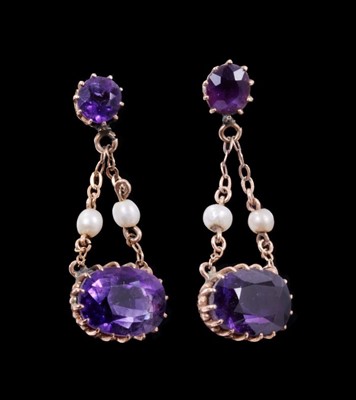 Lot 357 - Pair of amethyst and cultured pearl pendant earrings with an oval mixed cut amethyst measuring approximately 11.5mm x  8mm suspended from a further amethyst with trace chain links with two cultured...