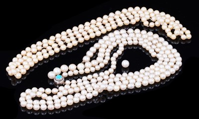 Lot 362 - Cultured pearl necklace with a long string of graduated cultured pearls measuring approximately 5.7mm - 8.5mm with a turquoise and rose cut diamond cluster clasp, approximately 150cm length (needs...