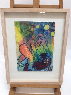 Lot 136 - Pam Booker, contemporary, mixed media- Beekeeper, in glazed frame