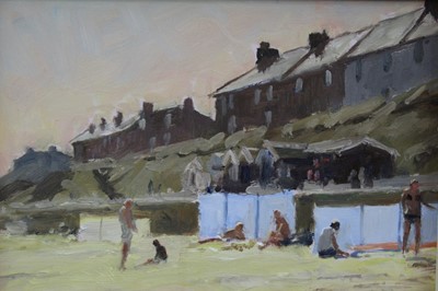 Lot 1090 - John Osborne oil on board, Beach Huts