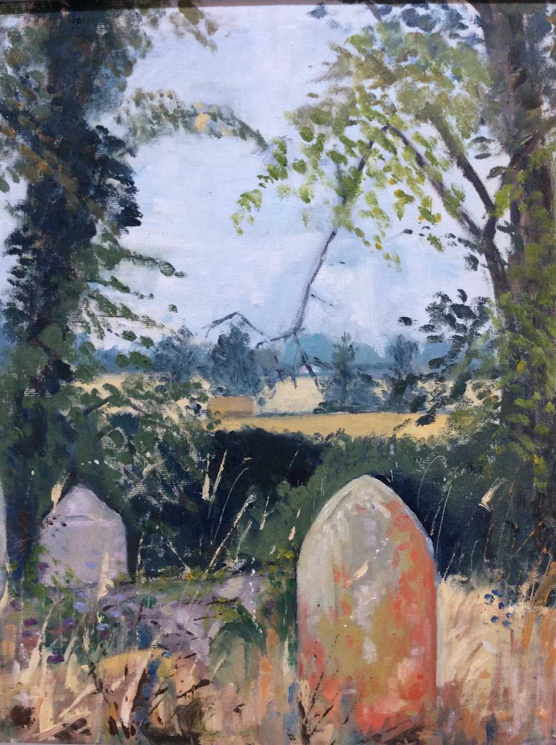 Lot 144 - Suffolk School, contemporary, oil on board - summer landscape across a graveyard, framed