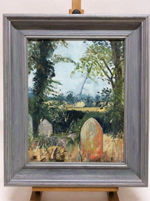 Lot 144 - Suffolk School, contemporary, oil on board - summer landscape across a graveyard, framed