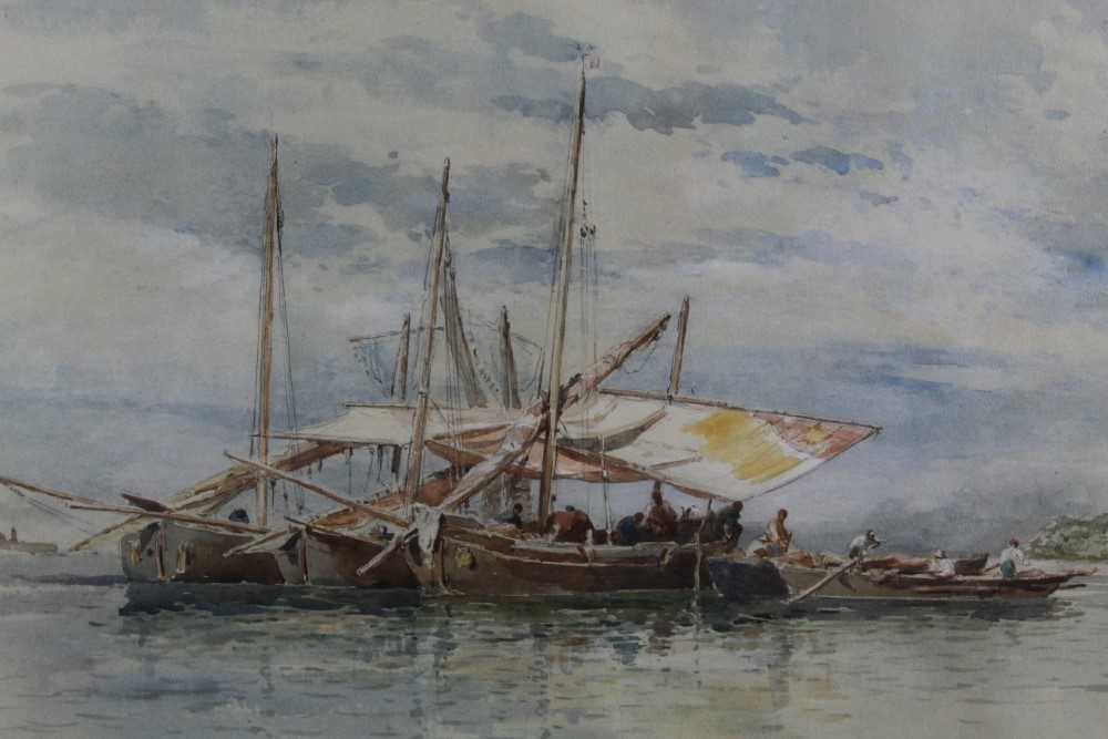 Lot 479 - Edward Alfred Goodall (1819-1908) watercolour - Traders unloading Felluccas, Venice, signed, in glazed gilt frame, 30cm x 51cm