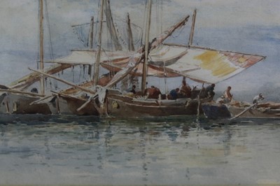 Lot 479 - Edward Alfred Goodall (1819-1908) watercolour - Traders unloading Felluccas, Venice, signed, in glazed gilt frame, 30cm x 51cm