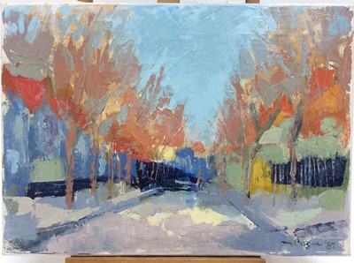 Lot 145 - Mary Bogue, contemporary, oil on canvas - Avenue of Trees, signed and dated '87, unframed, 40cm x 56cm