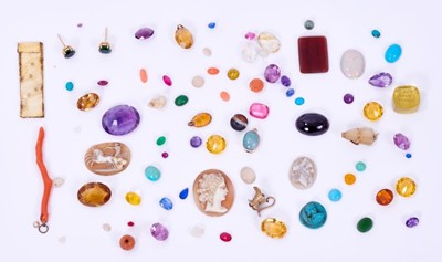 Lot 381 - Group of unmounted gemstones to include three antique carved shell cameos, precious and synthetic stones