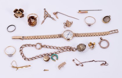 Lot 382 - Group of gold and yellow metal jewellery to include a 9ct gold Rotary wristwatch, charm bracelet and dress rings