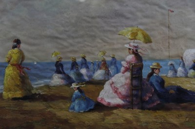 Lot 483 - Continental School, 20th century, oil on canvas - A Day on the Beach, indistinctly signed, in glazed gilt frame, 56cm x 87cm