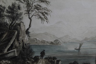 Lot 484 - Attributed to John Varley (1778-1842) pencil and watercolour - fisherman by a lake, in glazed gilt frame, 18.5cm x 24.5cm