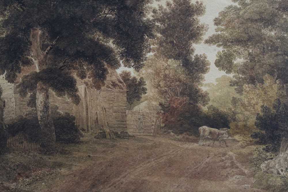 Lot 188 - Joseph Powell (1780-1834) watercolour - cattle in a rural lane beside farm buildings, signed, in glazed frame, 32cm x 44cm