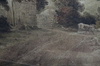 Lot 188 - Joseph Powell (1780-1834) watercolour - cattle in a rural lane beside farm buildings, signed, in glazed frame, 32cm x 44cm