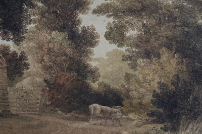 Lot 188 - Joseph Powell (1780-1834) watercolour - cattle in a rural lane beside farm buildings, signed, in glazed frame, 32cm x 44cm