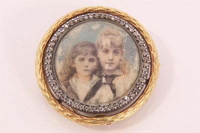 Lot 387 - Fine quality early 20th century gold and diamond miniature portrait brooch, possibly Russian. The circular portrait depicting two young girls in sailor-style outfits, within a border of rose cut di...