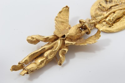 Lot 388 - Antique or possibly ancient gold earring, modelled as Eros or Cupid, the winged figure suspended from a rosette with hook fitting. Possibly Greek Hellenistic period circa 3rd or 4th century B.C. or...