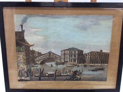 Lot 31 - Three mid 18th century hand coloured engravings after Marieschi, Venetian views to include: St Mark's Place, the Realto Bridge and the Doge's Palace, published 1744, in glazed ebonised frames, 33cm...
