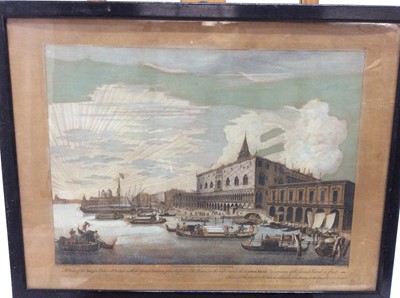 Lot 31 - Three mid 18th century hand coloured engravings after Marieschi, Venetian views to include: St Mark's Place, the Realto Bridge and the Doge's Palace, published 1744, in glazed ebonised frames, 33cm...