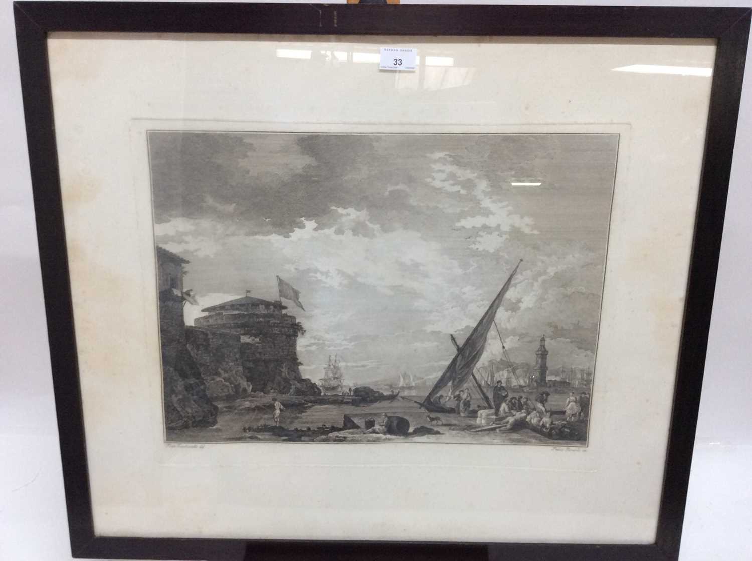 Lot 33 - Pair of antique black and white engravings after Fran. Zuccherelli by Fabio Berardi, figures and vessels off the coast, in glazed ebonised frames, plate size 40cm x 53cm, overall size 65cm x 75cm