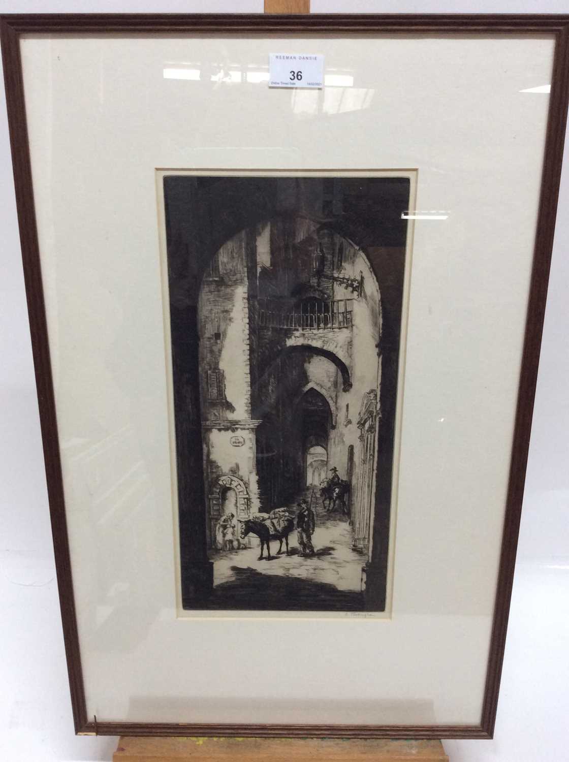 Lot 36 - Sidney Tushingham (1884-1968) signed black and white etching - Continental Street, in glazed frame, 39cm x 19cm