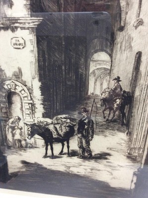 Lot 153 - Sidney Tushingham (1884-1968) signed black and white etching - Continental Street, in glazed frame, 39cm x 19cm