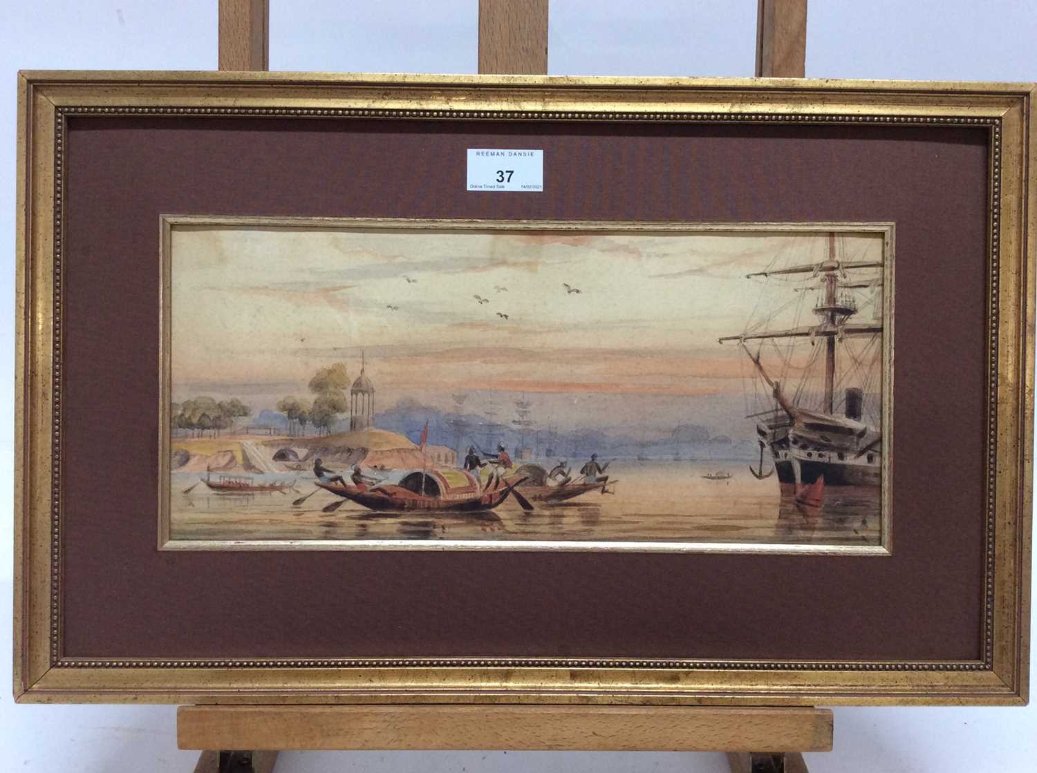 Lot 37 - Late 19th century watercolour - a Far Eastern harbour with shipping, apparently unsigned, in gilt frame, 15.5cm x 35.5cm