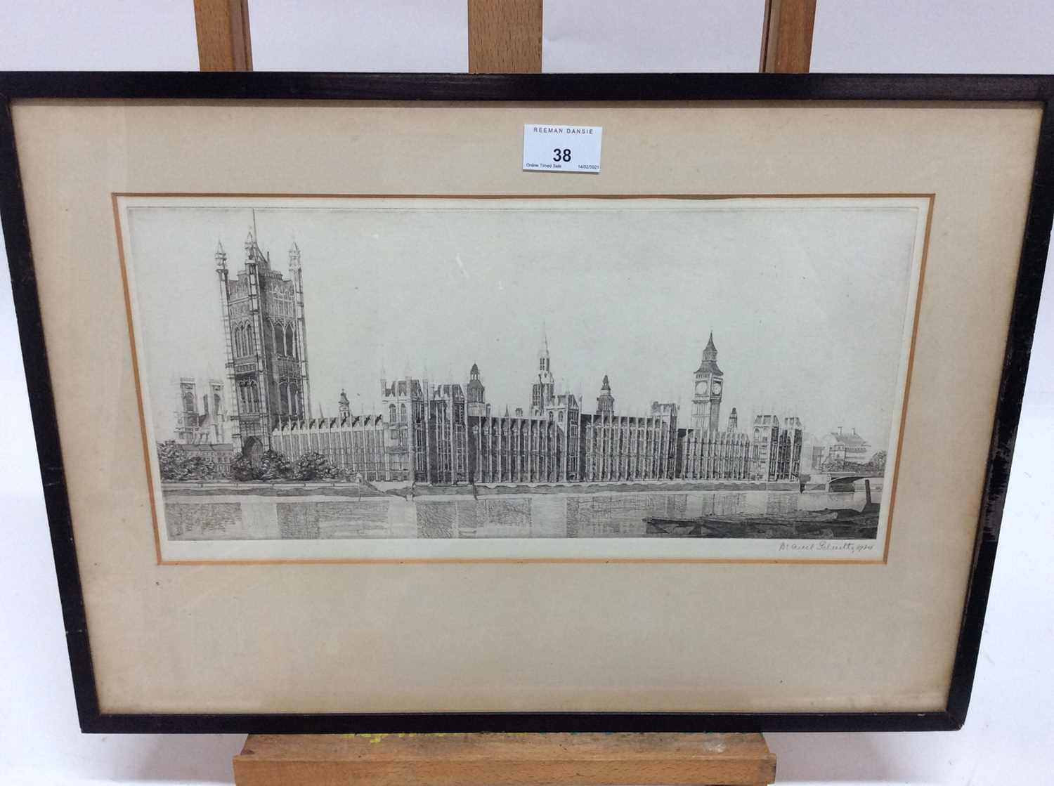 Lot 38 - Marcel Schuette, 1930s signed black and white etching - The Palace of Westminster, dated 1934, in glazed ebonised frame, 20cm x 40cm