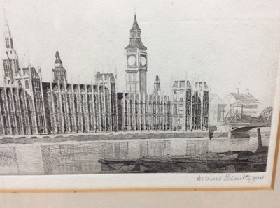 Lot 38 - Marcel Schuette, 1930s signed black and white etching - The Palace of Westminster, dated 1934, in glazed ebonised frame, 20cm x 40cm