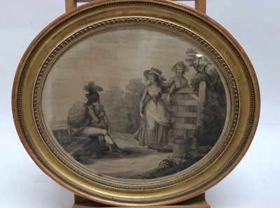 Lot 45 - Pair of 18th century oval engravings after Bunbury, Love & Hope and Love & Jealousy, titled verso, in oval gilt frames, 34cm x 39cm