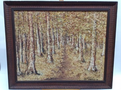 Lot 150 - 1970s mixed media on board - Avenue of Trees, indistinctly signed and dated, framed, 55cm x 69cm