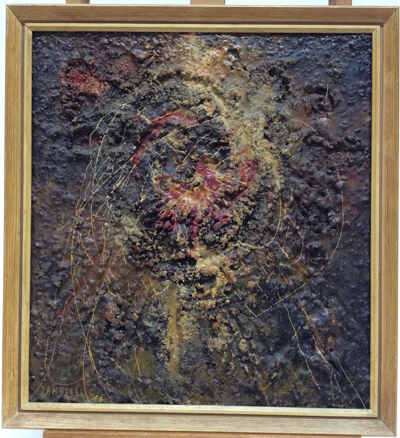 Lot 47 - Zambelli, 1960s mixed media on board - Abstract, signed and dated '66, framed, 37cm x 33cm